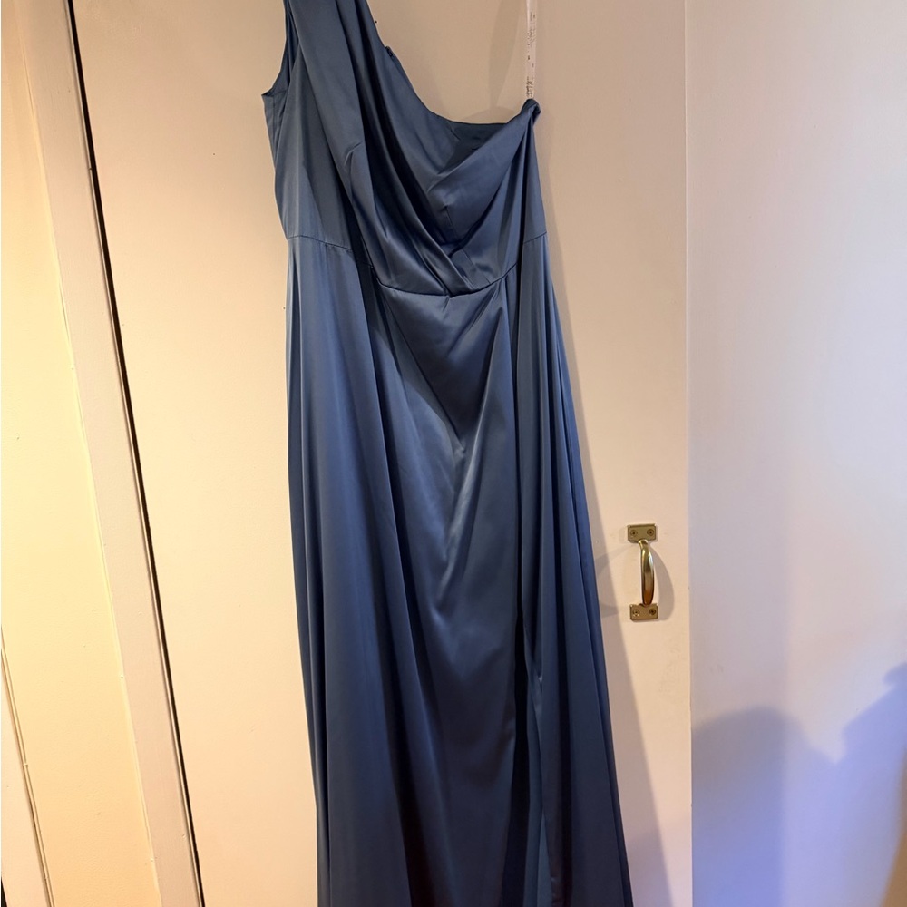 David's Bridal One-Shoulder Satin Gown in Slate Blue